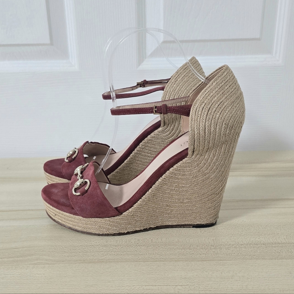 Gucci Horsebit Suede Wedge Espadrille Sandals In Dry Rose Size EU40/US10 - Picture 8 of 15